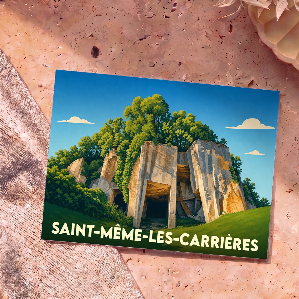 Carte postale souvenir de la ville de Saint-Même-les-Carrières illustrant ses carrières de pierre emblématiques avec un style graphique épuré.