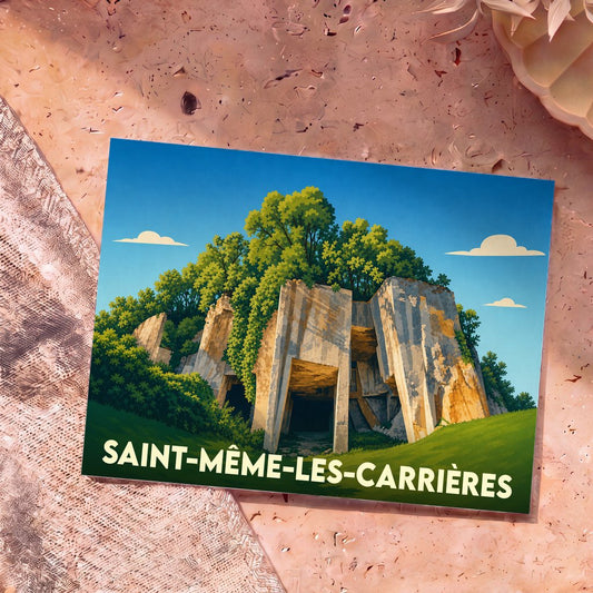 Carte postale souvenir de la ville de Saint-Même-les-Carrières illustrant ses carrières de pierre emblématiques avec un style graphique épuré.