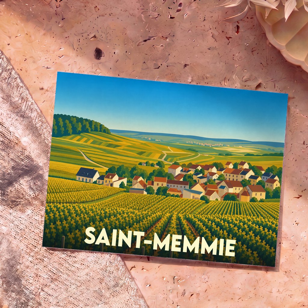Carte postale souvenir de la ville de Saint-Memmie avec une illustration stylisée de vignobles et de maisons.