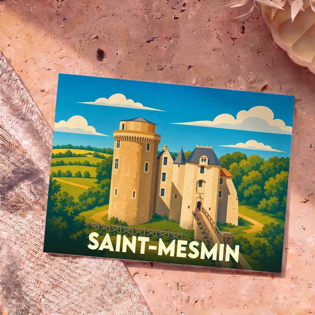 Carte postale souvenir de la ville de Saint-Mesmin illustrant son château médiéval dans un style graphique épuré.