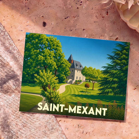 Carte postale souvenir de la ville de Saint-Mexant avec une illustration stylisée d'un manoir et de son parc arboré.