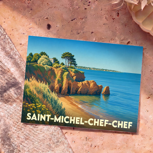 Carte postale souvenir de la ville de Saint-Michel-Chef-Chef avec une illustration stylisée de sa côte sauvage.