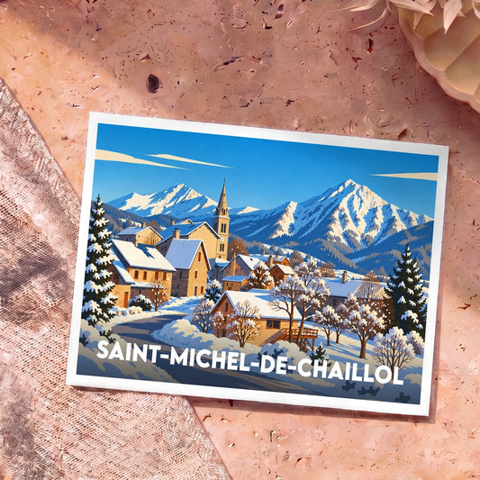 Carte postale souvenir de la ville de Saint-Michel-de-Chaillol avec une illustration stylisée d'un village de montagne enneigé.