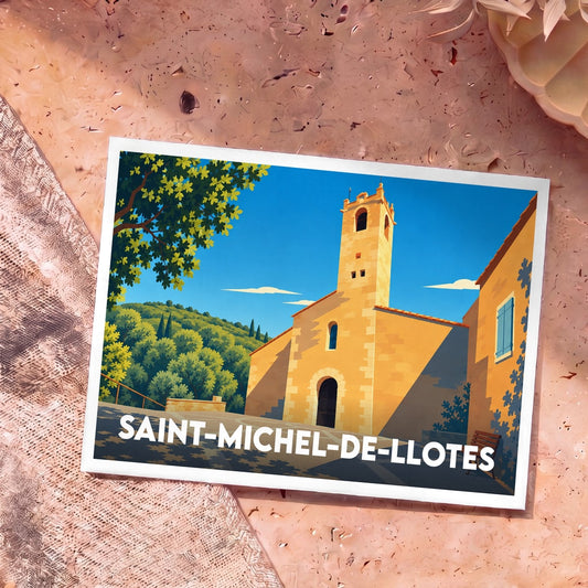 Carte postale souvenir de Saint-Michel-de-Llotes représentant son église sous un ciel bleu dans un style graphique épuré.