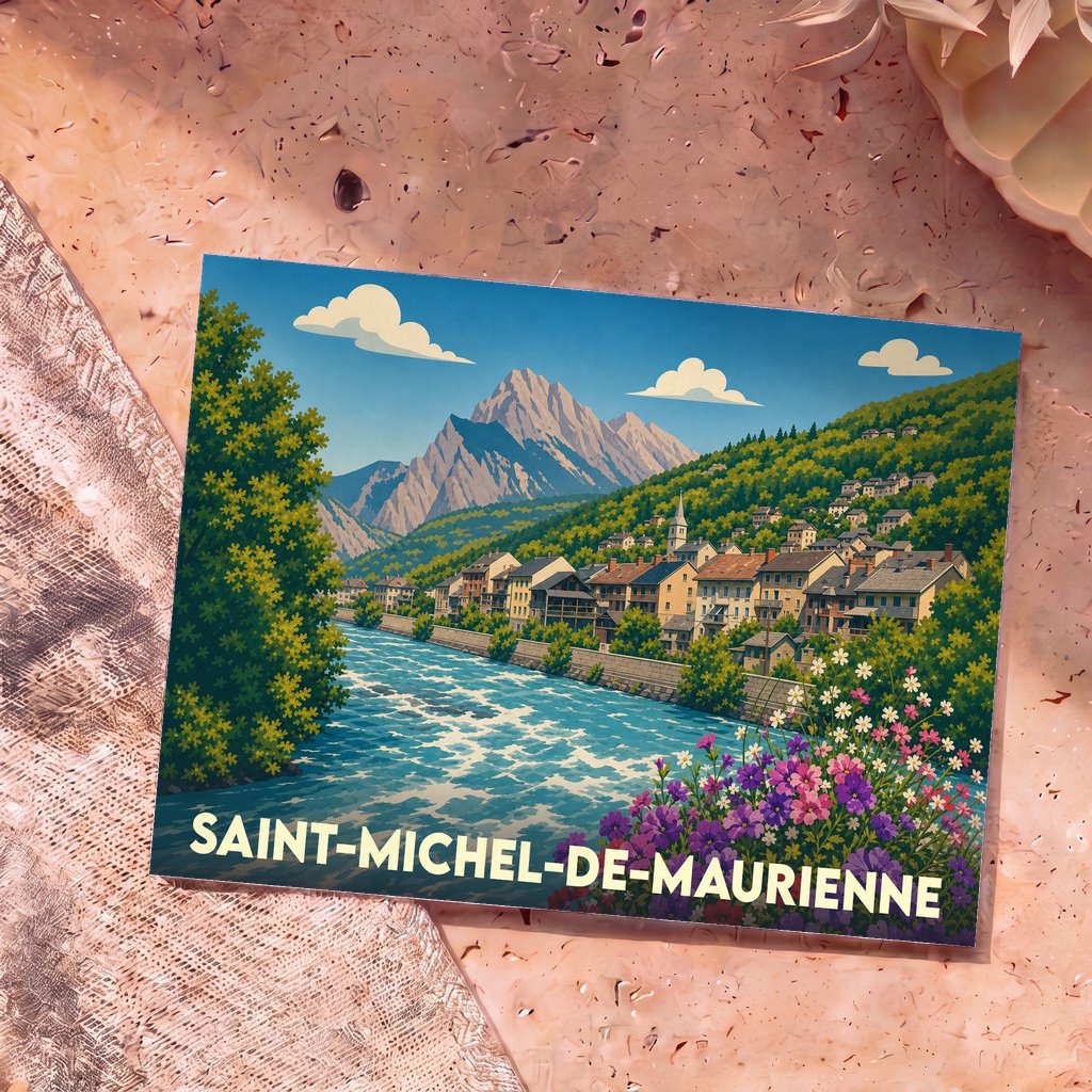 Carte postale souvenir de la ville de Saint-Michel-de-Maurienne avec une illustration stylisée d'un village de montagne en bord de rivière.