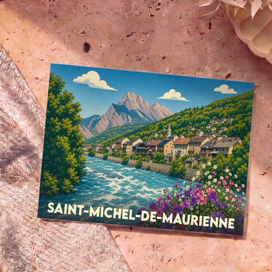 Carte postale souvenir de la ville de Saint-Michel-de-Maurienne avec une illustration stylisée des montagnes et de l'Arc.