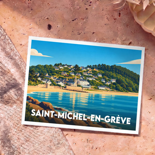 Carte postale souvenir de la ville de Saint-Michel-en-Grève avec une illustration stylisée du littoral breton.