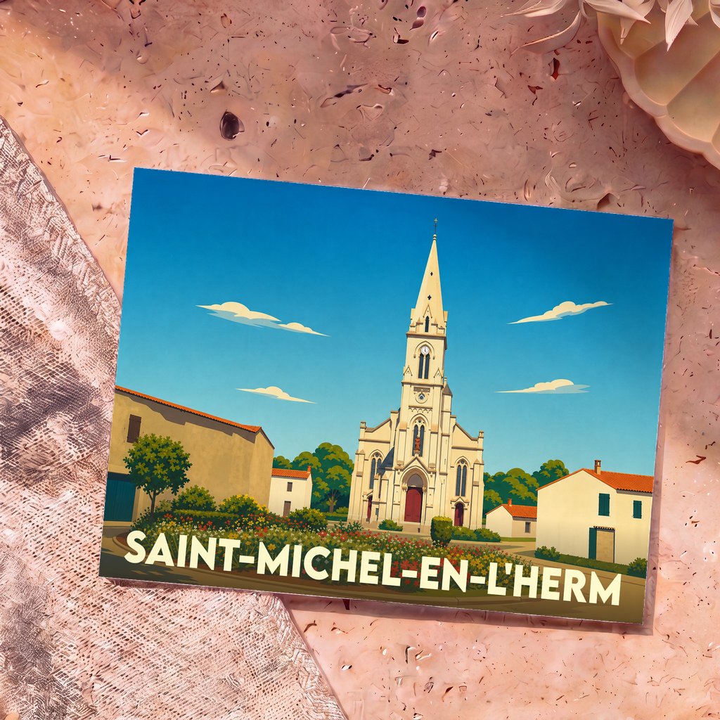 Carte postale souvenir de Saint-Michel-en-l'Herm illustrant l'église locale dans un style vintage et coloré.