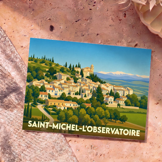 Carte postale souvenir de Saint-Michel-l'Observatoire présentant une illustration stylisée du village perché.