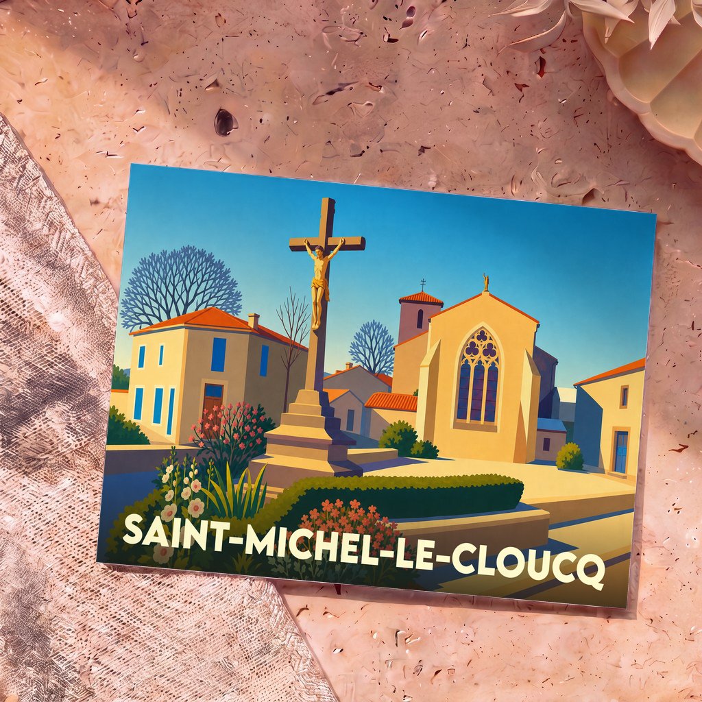 Carte postale souvenir de la ville de Saint-Michel-le-Cloucq avec une illustration stylisée de sa place de l'église.