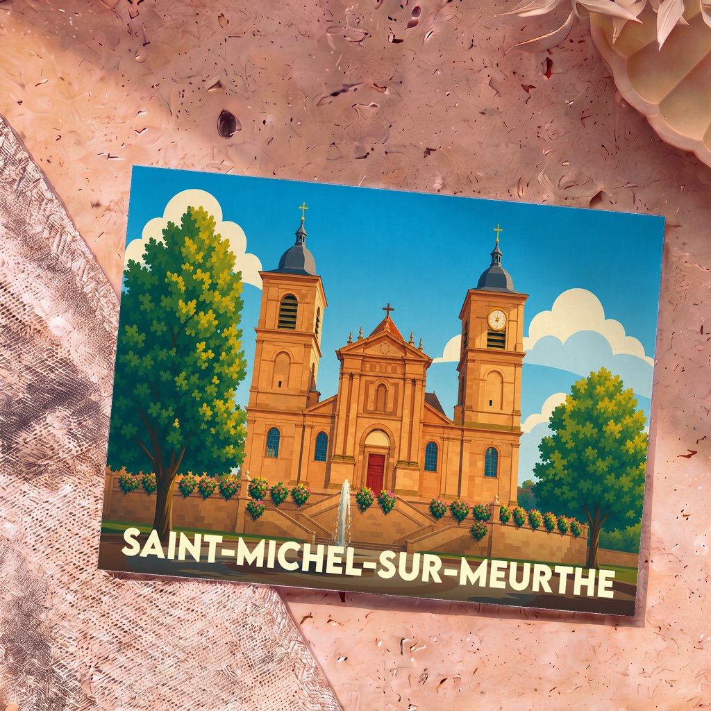 Carte postale souvenir de la ville de Saint-Michel-sur-Meurthe avec une illustration stylisée de son église.