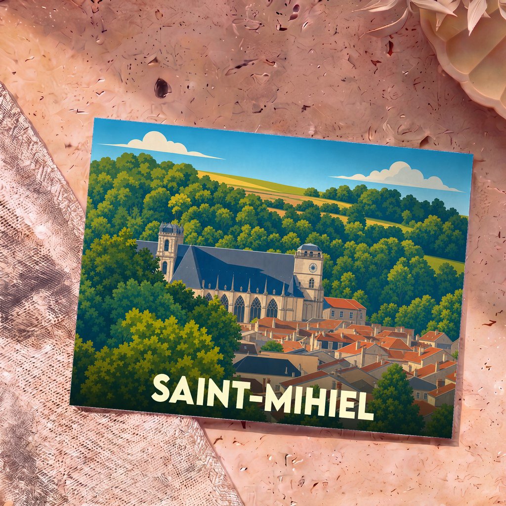 Carte postale souvenir de la ville de Saint-Mihiel avec une illustration stylisée de son église et de ses toits.