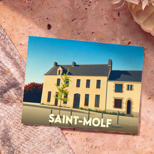Carte postale souvenir de la ville de Saint-Molf illustrant ses bâtiments typiques dans un style graphique épuré.