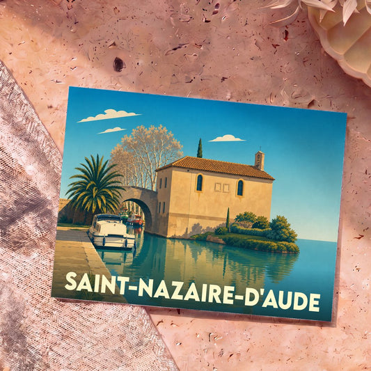 Carte postale souvenir de Saint-Nazaire-d'Aude avec une illustration stylisée du port et du pont.