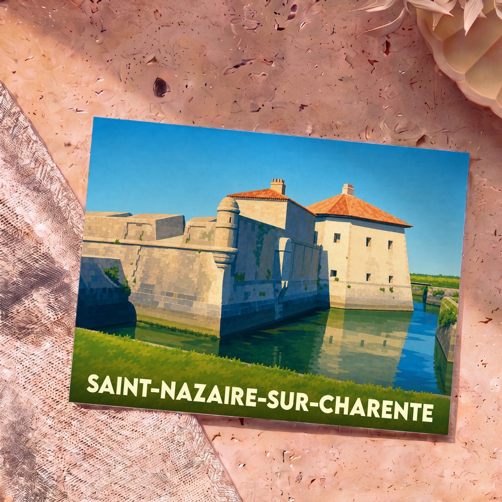 Carte postale souvenir de la ville de Saint-Nazaire-sur-Charente avec une illustration stylisée du fort Lupin.