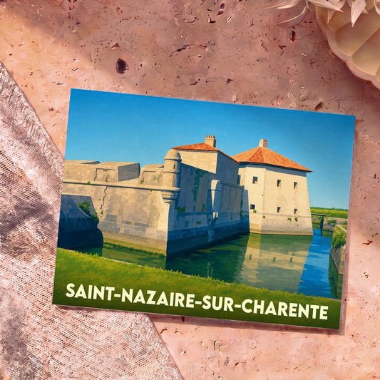 Carte postale souvenir de la ville de Saint-Nazaire-sur-Charente avec une illustration stylisée du fort Lupin.