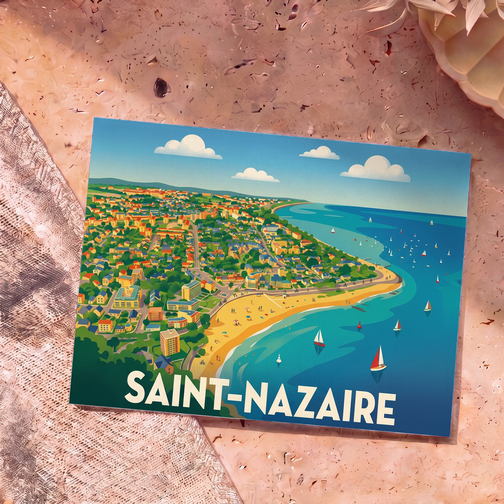 Carte postale souvenir de la ville de Saint-Nazaire arborant une illustration stylisée et colorée de son littoral.