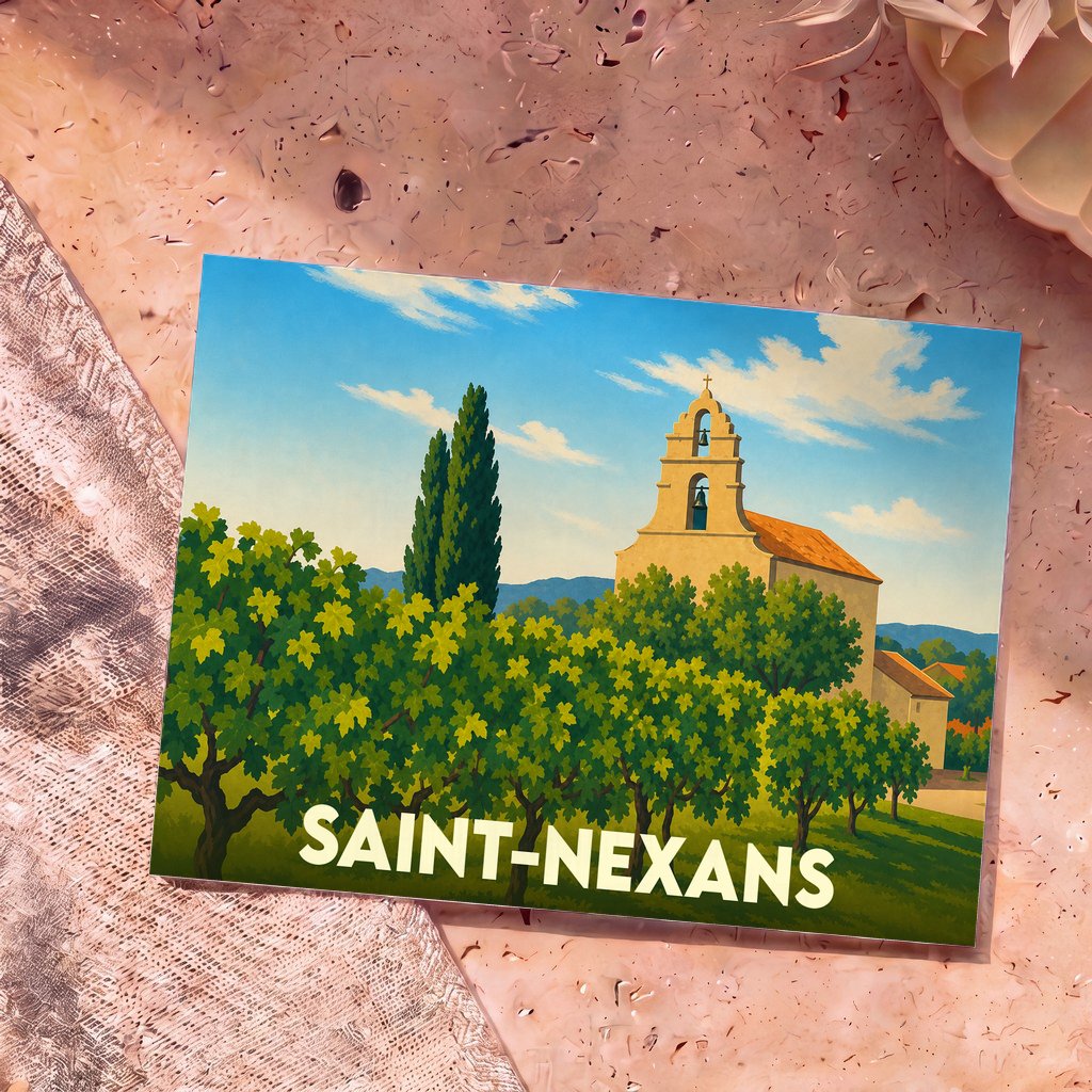 Carte postale souvenir de la ville de Saint-Nexans avec une illustration stylisée d'une église et de vignes.
