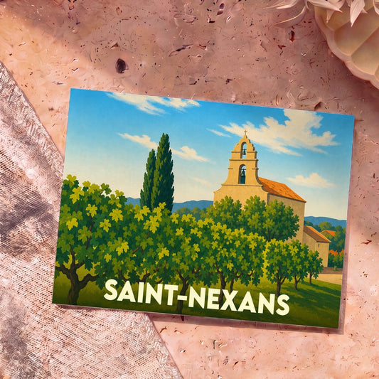 Carte postale souvenir de la ville de Saint-Nexans avec une illustration stylisée d'une église et de vignes.