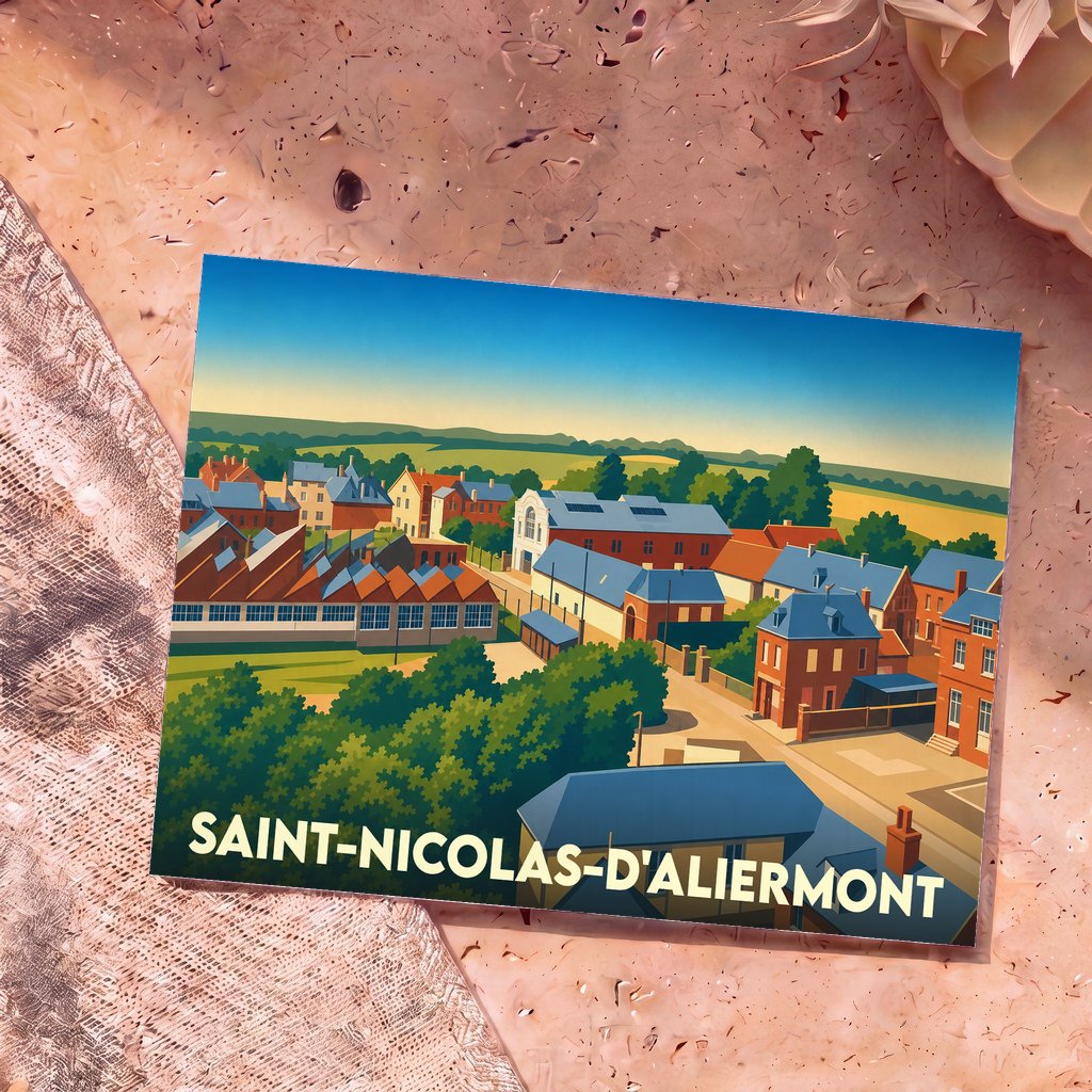 Carte postale souvenir de Saint-Nicolas-d'Aliermont présentant une illustration stylisée et colorée de la ville.