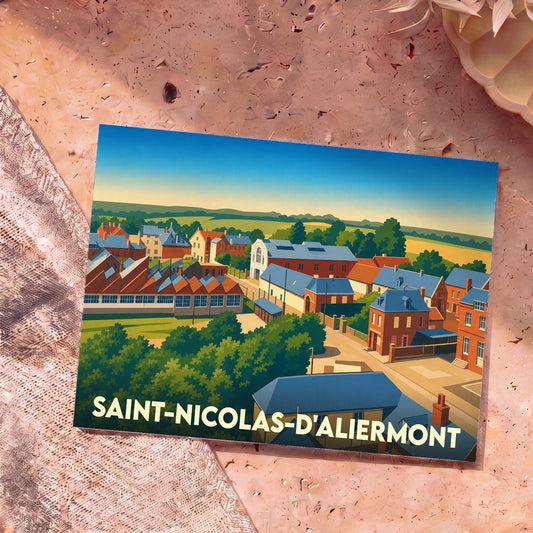 Carte postale souvenir de la ville de Saint-Nicolas-d'Aliermont avec une illustration stylisée.