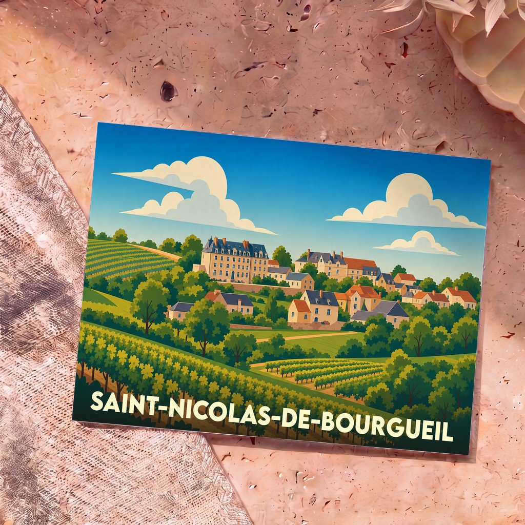 Carte postale souvenir de la ville de Saint-Nicolas-de-Bourgueil avec une illustration stylisée de son village et de ses vignobles.