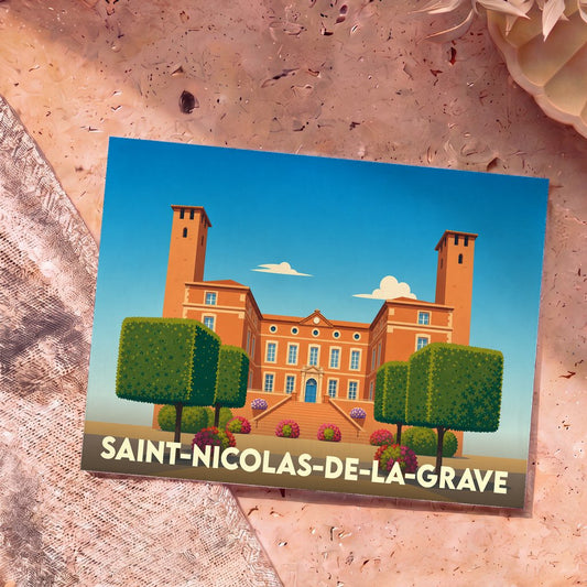 Carte postale souvenir de Saint-Nicolas-de-la-Grave illustrant son château avec un style graphique épuré.