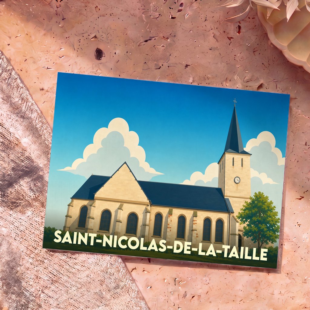 Carte postale souvenir de la ville de Saint-Nicolas-de-la-Taille avec une illustration stylisée de son église.