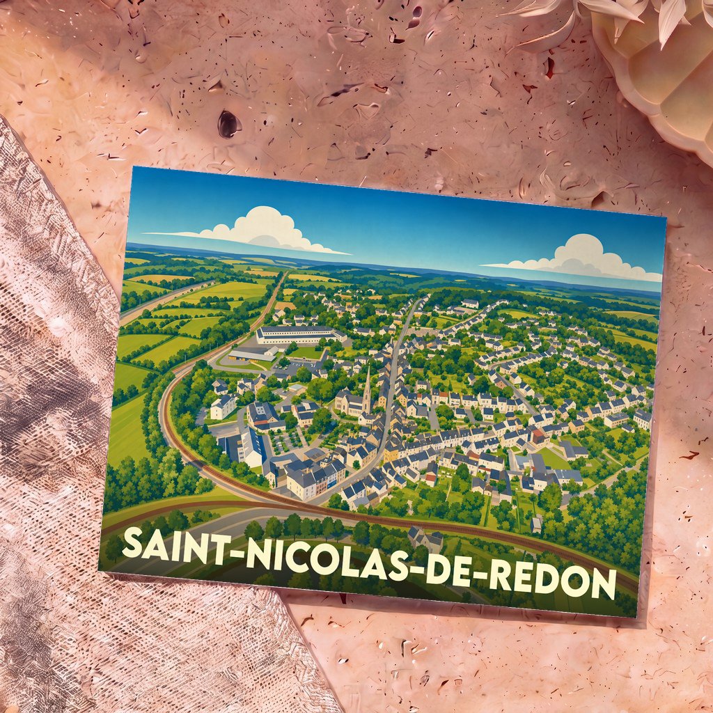 Carte postale souvenir de la ville de Saint-Nicolas-de-Redon avec une illustration stylisée vue du ciel.