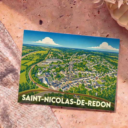 Carte postale souvenir de la ville de Saint-Nicolas-de-Redon avec une illustration stylisée vue du ciel.