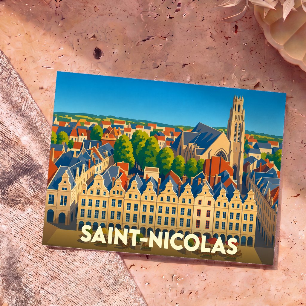 Carte postale souvenir de la ville de Saint-Nicolas avec une illustration stylisée et colorée de son architecture.