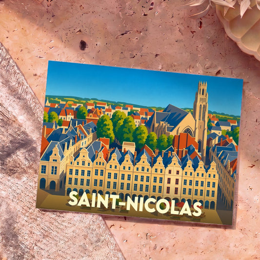 Carte postale souvenir de la ville de Saint-Nicolas avec une illustration stylisée et colorée de son architecture.