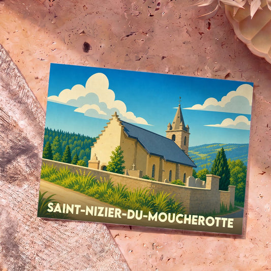 Carte postale souvenir de la ville de Saint-Nizier-du-Moucherotte avec une illustration stylisée d'une église de montagne.