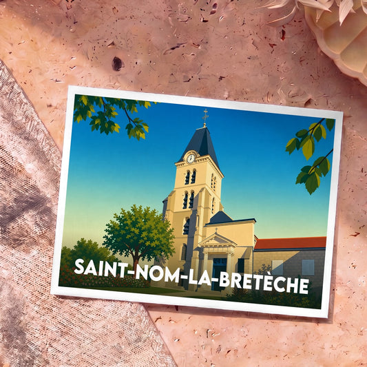 Carte postale souvenir de Saint-Nom-la-Bretèche représentant son église dans un style graphique épuré.