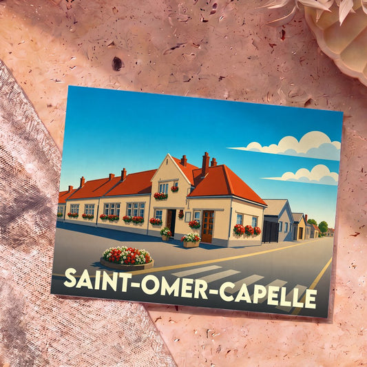 Carte postale souvenir de la ville de Saint-Omer-Capelle avec une illustration stylisée.