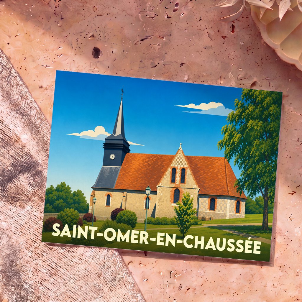 Carte postale souvenir de Saint-Omer-en-Chaussée illustrant son église avec un style graphique épuré.