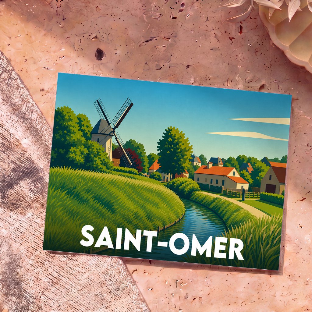 Carte postale souvenir de la ville de Saint-Omer avec une illustration stylisée représentant un moulin et les marais.