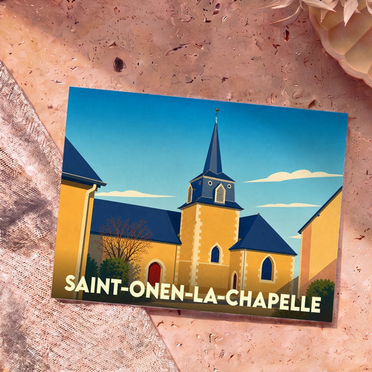 Carte postale souvenir de la ville de Saint-Onen-la-Chapelle avec une illustration stylisée de son église.