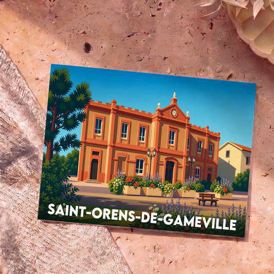 Carte postale souvenir de la ville de Saint-Orens-de-Gameville avec une illustration stylisée de son hôtel de ville.