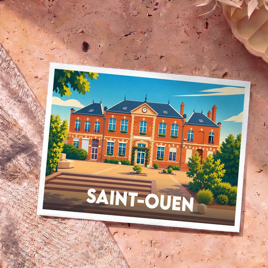 Carte postale souvenir de la ville de Saint-Ouen avec une illustration colorée et stylisée de sa mairie.