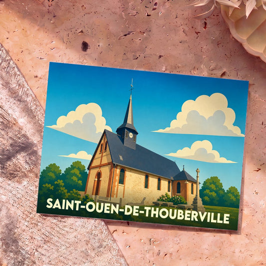 Carte postale souvenir de la ville de Saint-Ouen-de-Thouberville avec une illustration stylisée de son église.