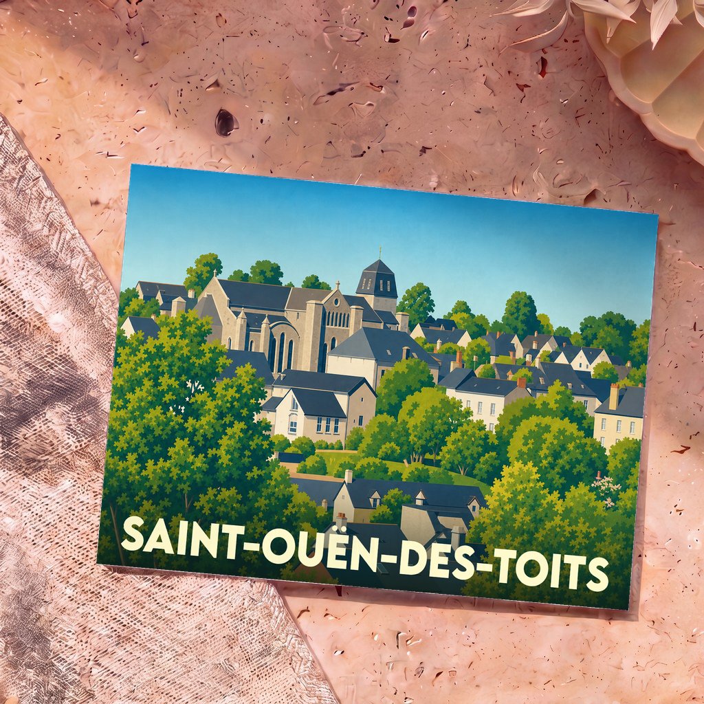 Carte postale souvenir de la ville de Saint-Ouën-des-Toits avec une illustration stylisée du village niché dans la verdure.