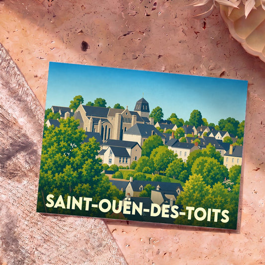 Carte postale souvenir de la ville de Saint-Ouën-des-Toits avec une illustration stylisée du village niché dans la verdure.
