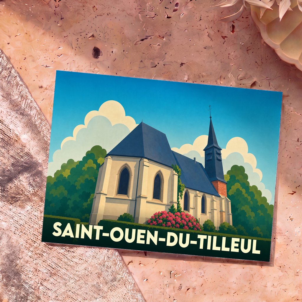 Carte postale souvenir de la ville de Saint-Ouen-du-Tilleul avec une illustration stylisée de son église.