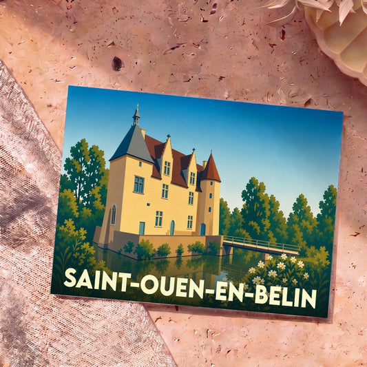 Carte postale souvenir de la ville de Saint-Ouen-en-Belin avec une illustration stylisée d'un château au bord de l'eau.