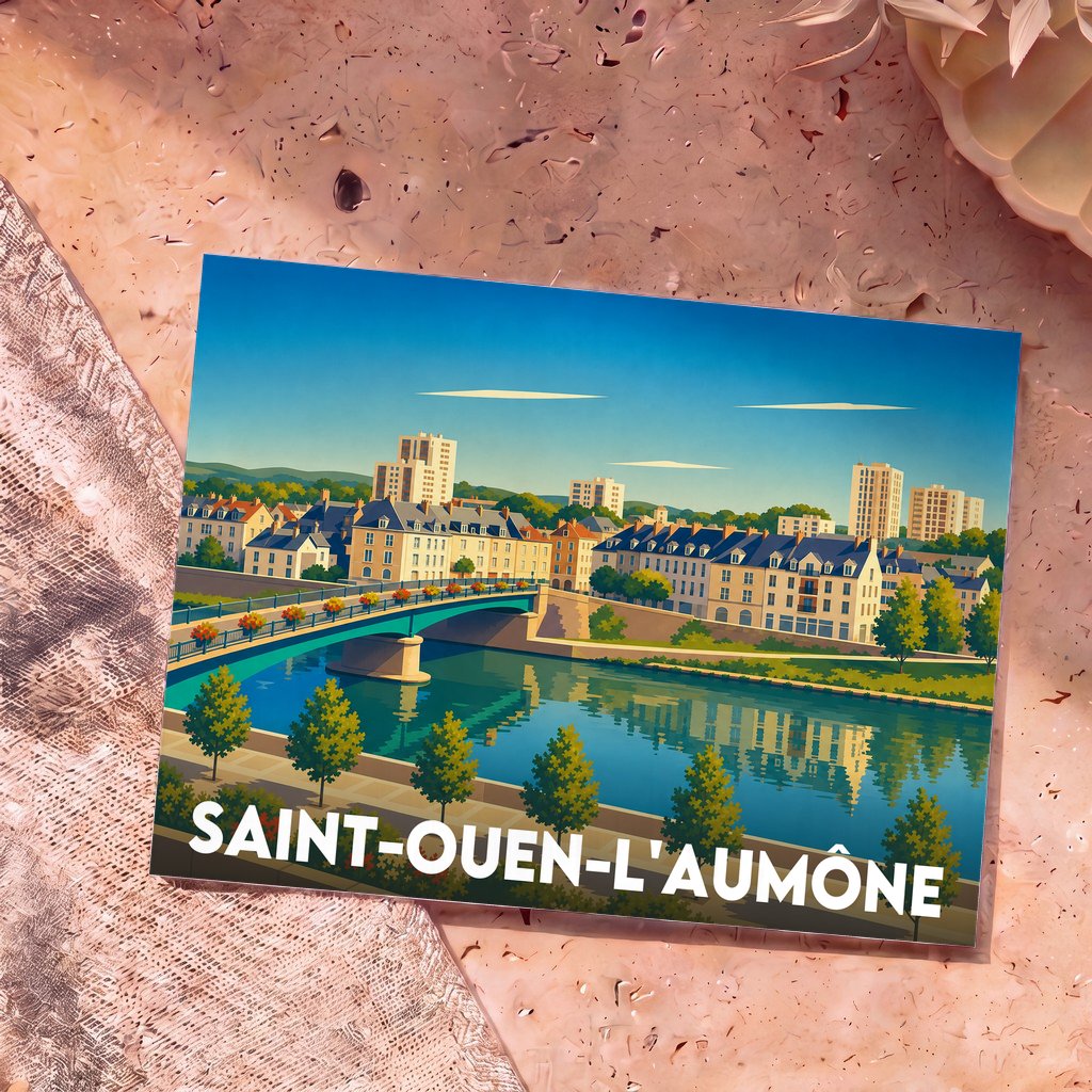Carte postale souvenir de la ville de Saint-Ouen-l'Aumône avec une illustration colorée et stylisée de ses quais et de son pont.