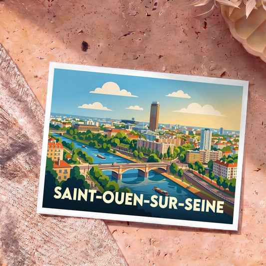 Carte postale souvenir de la ville de Saint-Ouen-sur-Seine avec une illustration stylisée des bords de Seine.