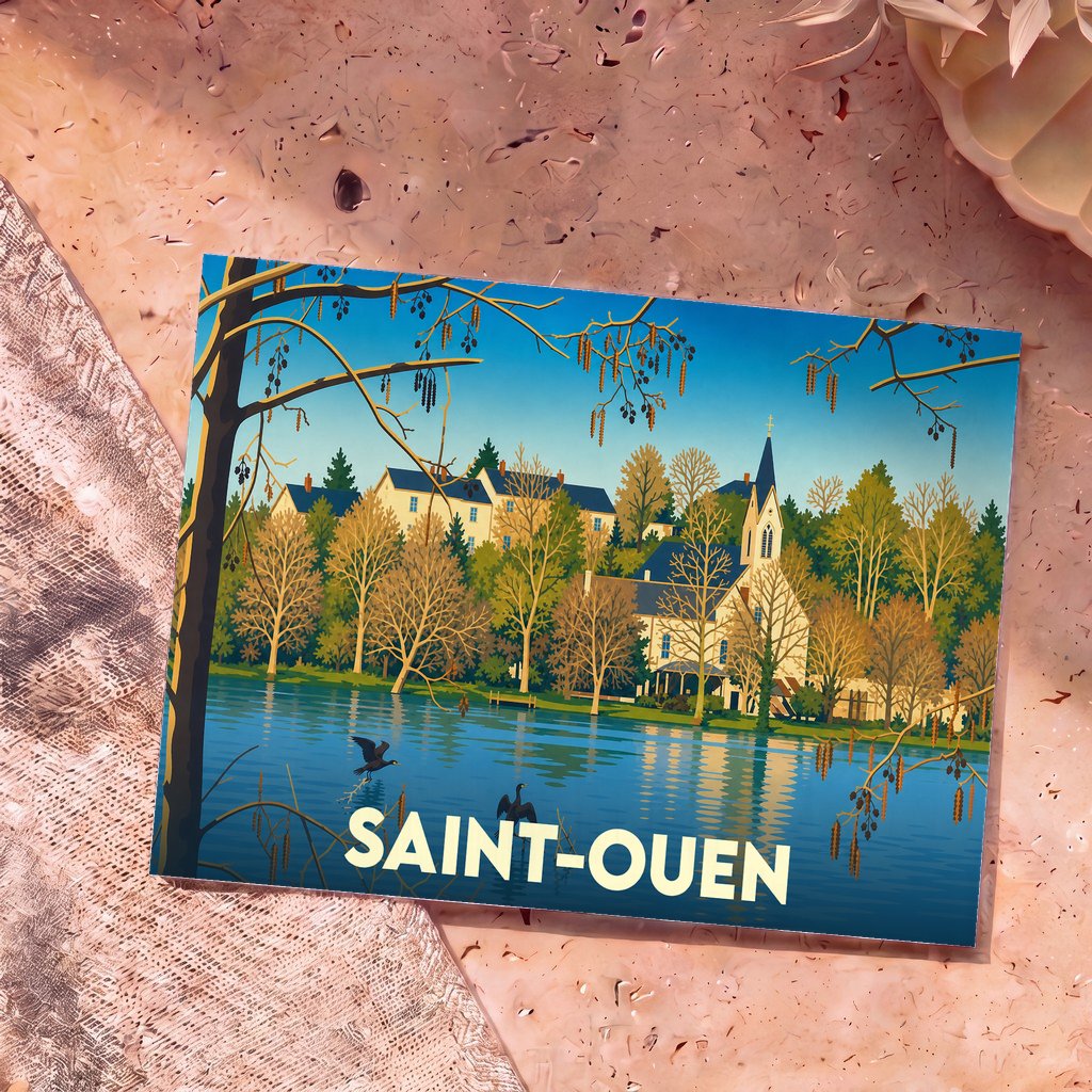 Carte postale souvenir de la ville de Saint-Ouen avec une illustration stylisée d'un paysage au bord de l'eau.