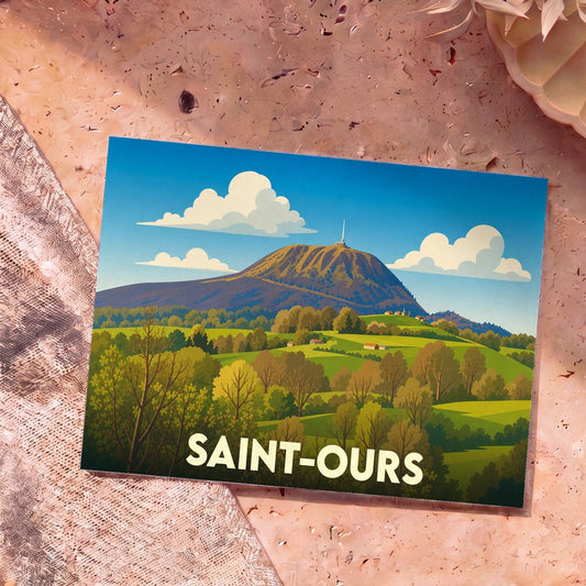 Carte postale souvenir de la ville de Saint-Ours illustrant le Puy de Dôme et la chaîne des Puys dans un style rétro.
