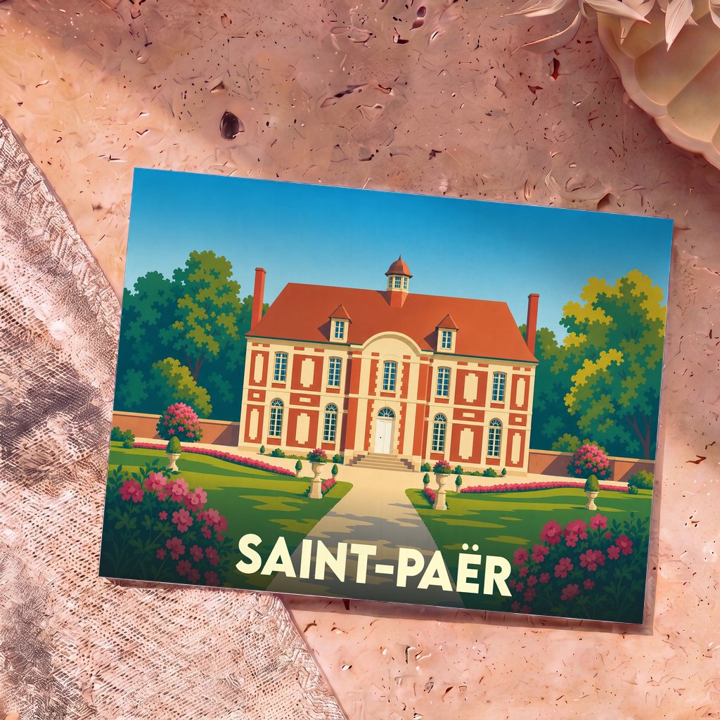 Carte postale souvenir de la ville de Saint-Paër illustrant un château entouré de jardins fleuris dans un style graphique épuré.